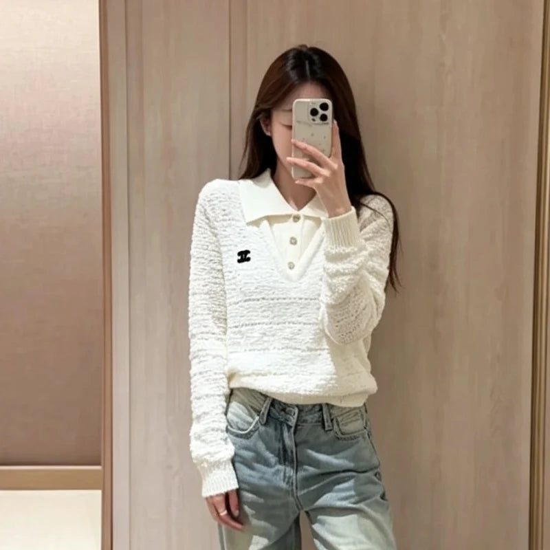 New Fashion Women CC Lapel Hollow Knit Sweater DM1326091818