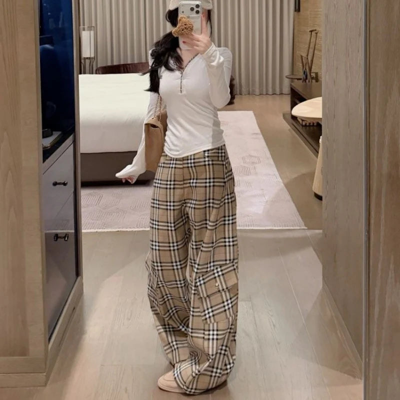 New Fashion Women's Plaid Cargo Wide Leg Pants PD1326091008