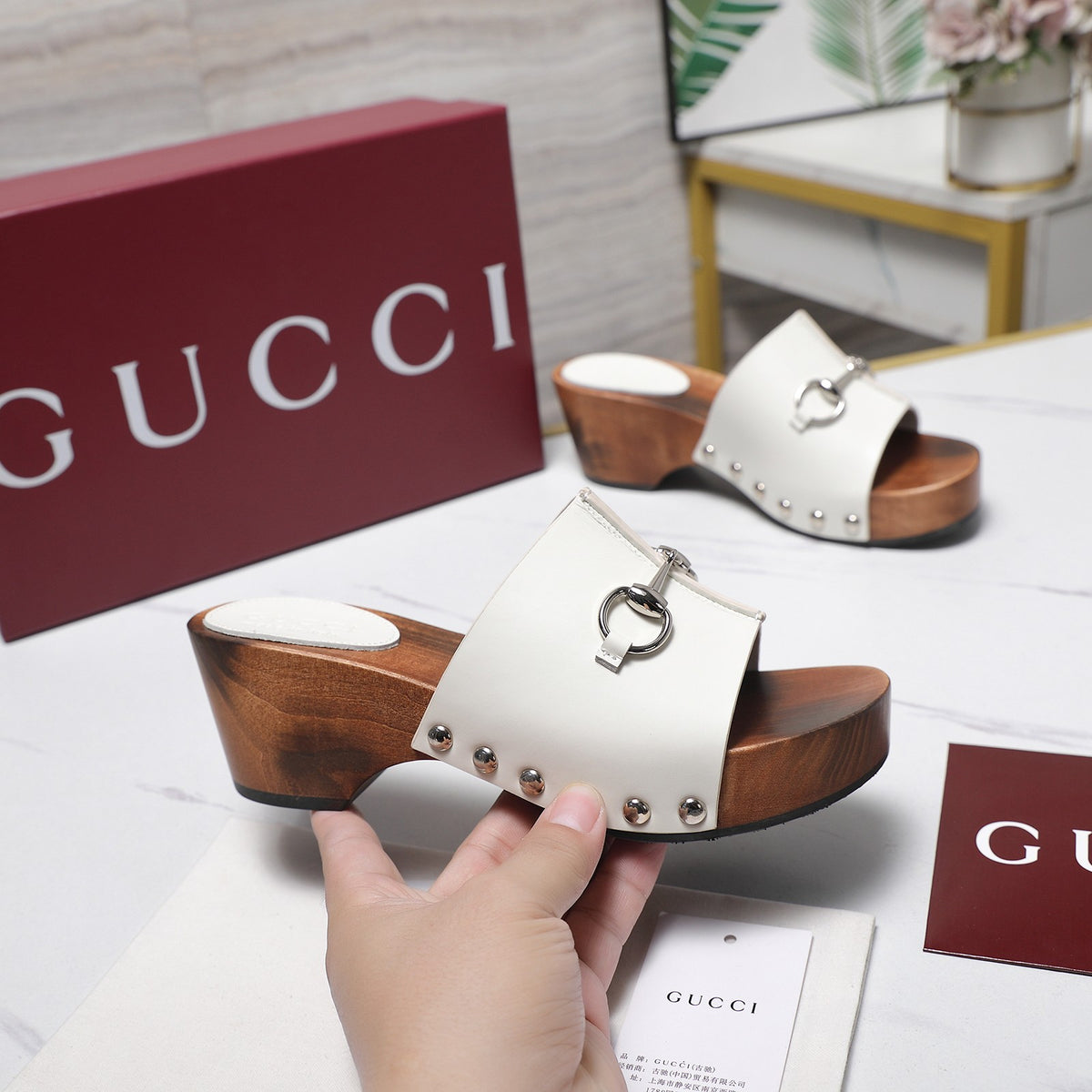 Stylish Women's Horsebit Buckle Solid Wood Platform Slippers 0726051902