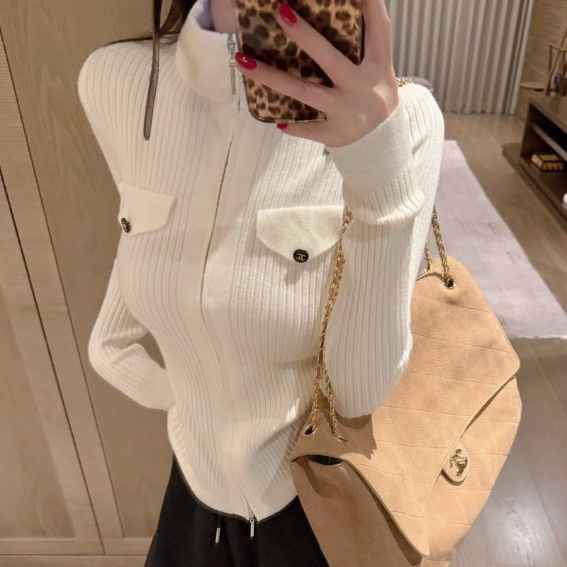 New Fashion Women's CC Half Zip Ribbed Knit Base Top CQQ1326092406