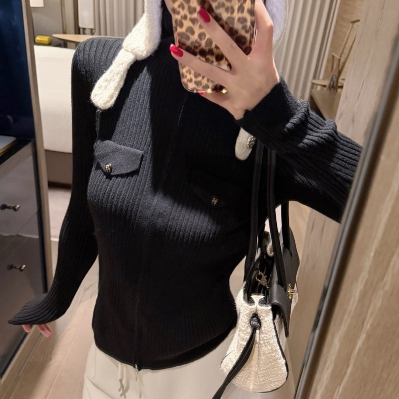 New Fashion Women's CC Half Zip Ribbed Knit Base Top CQQ1326092406