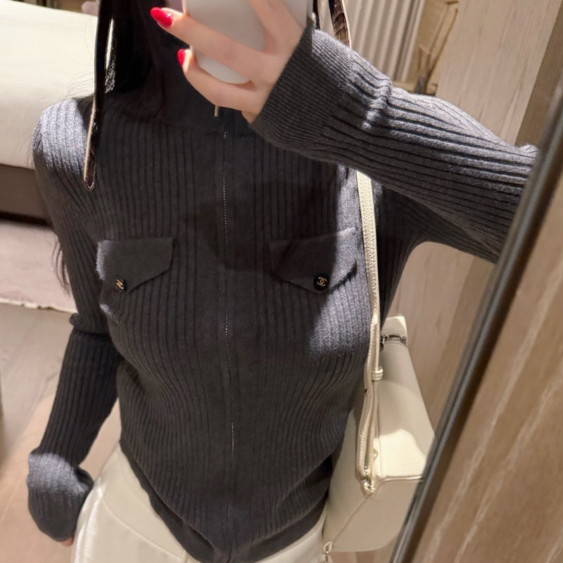 New Fashion Women's CC Half Zip Ribbed Knit Base Top CQQ1326092406