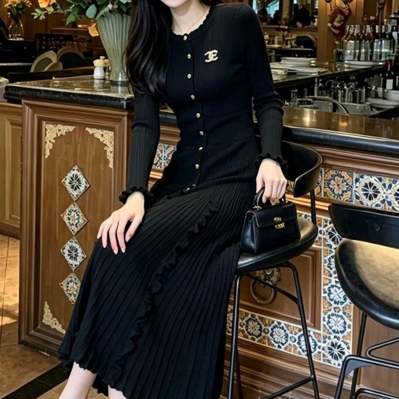 New Fashion Women's CC Ice Silk Knit Long Sleeve Midi Dress CQQ1326092412