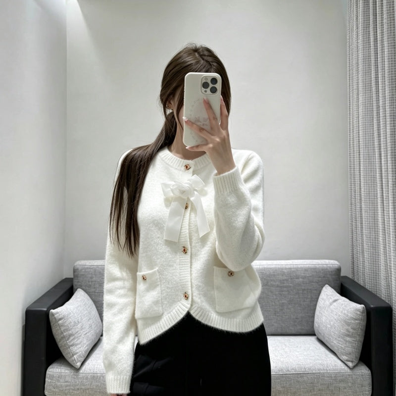 New Fashion Women's CC Bow Fuzzy Knit Cardigan DM1326092418