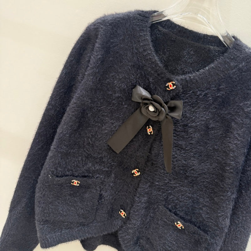 New Fashion Women's CC Bow Fuzzy Knit Cardigan DM1326092418