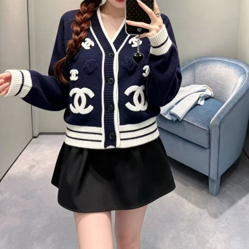 New Fashion Women's V Neck Color Block Knit Cardigan  DM132609232