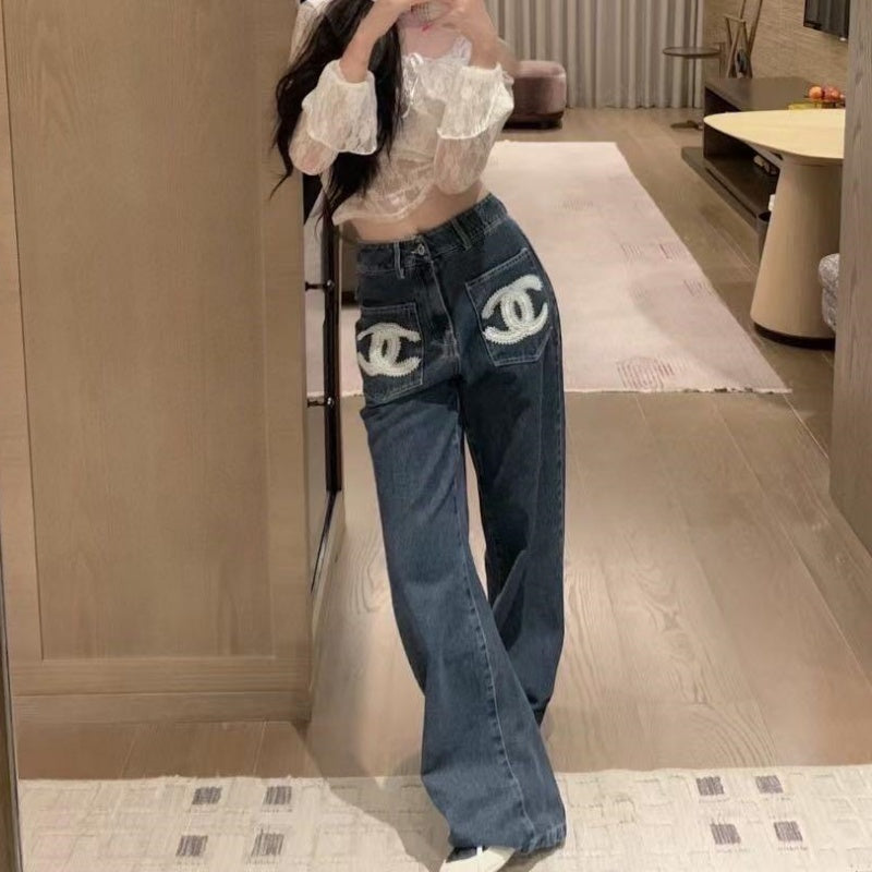 New Fashion Women's Embroidered Pocket Wide Leg Jeans  DM132609235