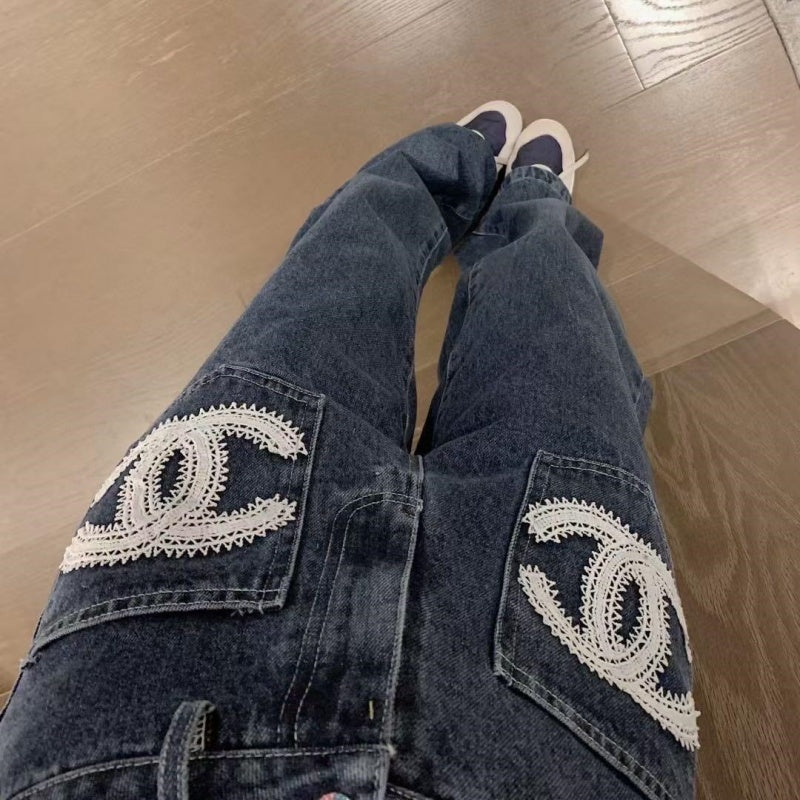 New Fashion Women's Embroidered Pocket Wide Leg Jeans  DM132609235