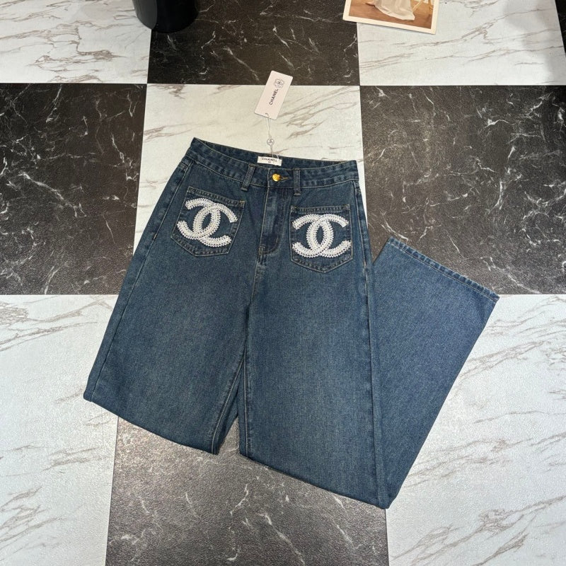 New Fashion Women's Embroidered Pocket Wide Leg Jeans  DM132609235