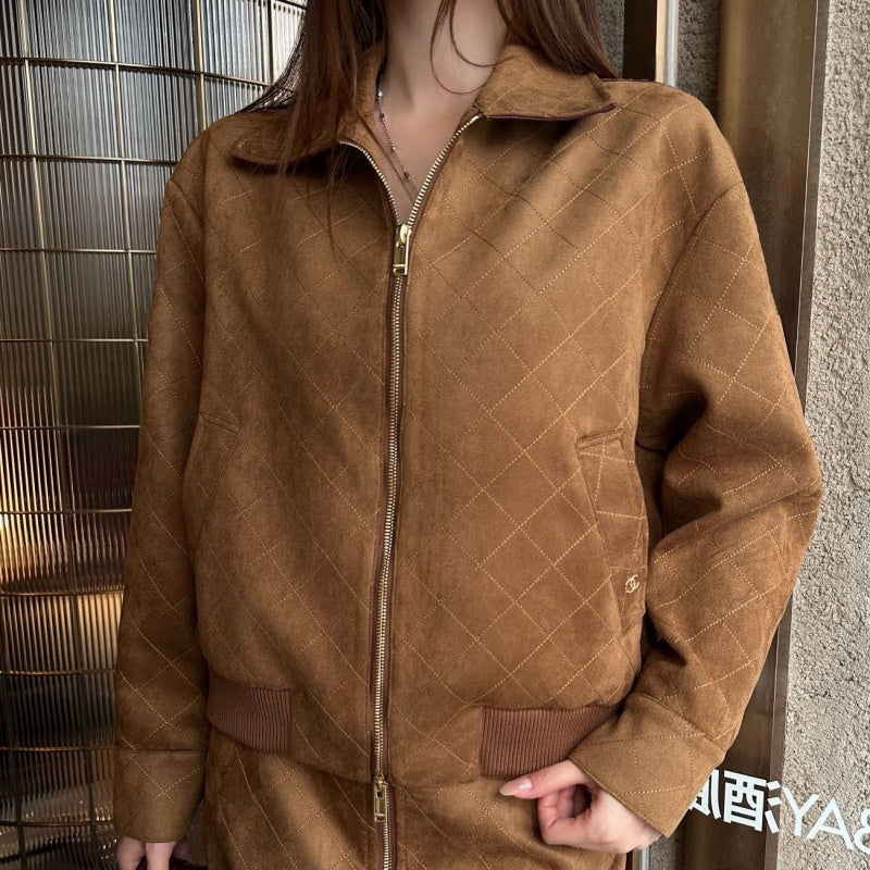 New Fashion Women CC Quilted Suede Zip Up Jacket DM1326092901