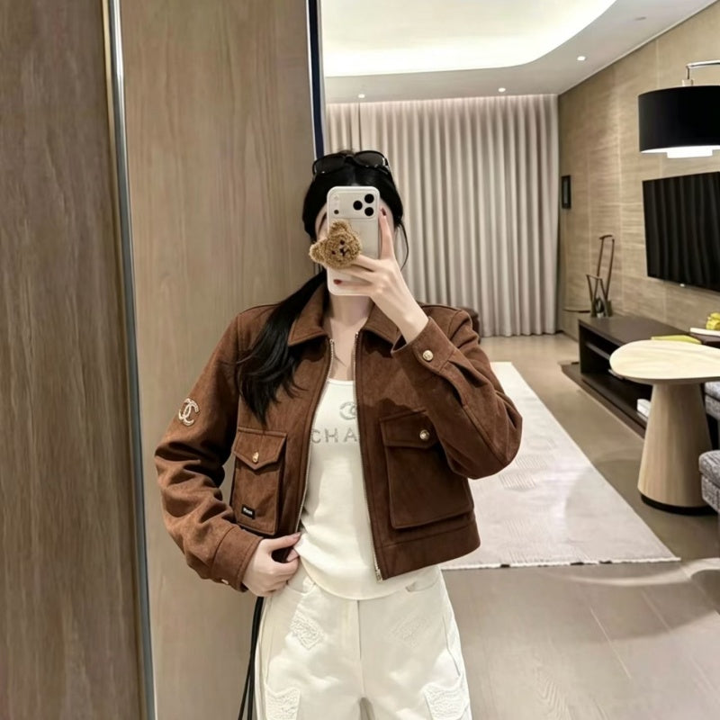 New Fashion Women CC Cropped Faux Suede Jacket DM1326092911