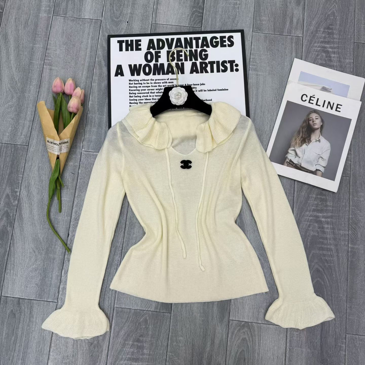 New Fashion Women's CC Ruffle Collar Tie Waist Knit Base Top DM1326100804