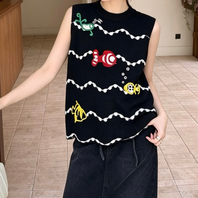 New Fashion Women's CC Cartoon Fish Embroidery Knit Vest CQQ1326100808