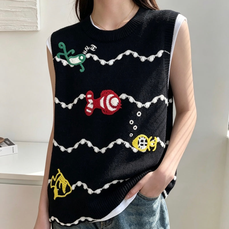 New Fashion Women's CC Cartoon Fish Embroidery Knit Vest CQQ1326100808