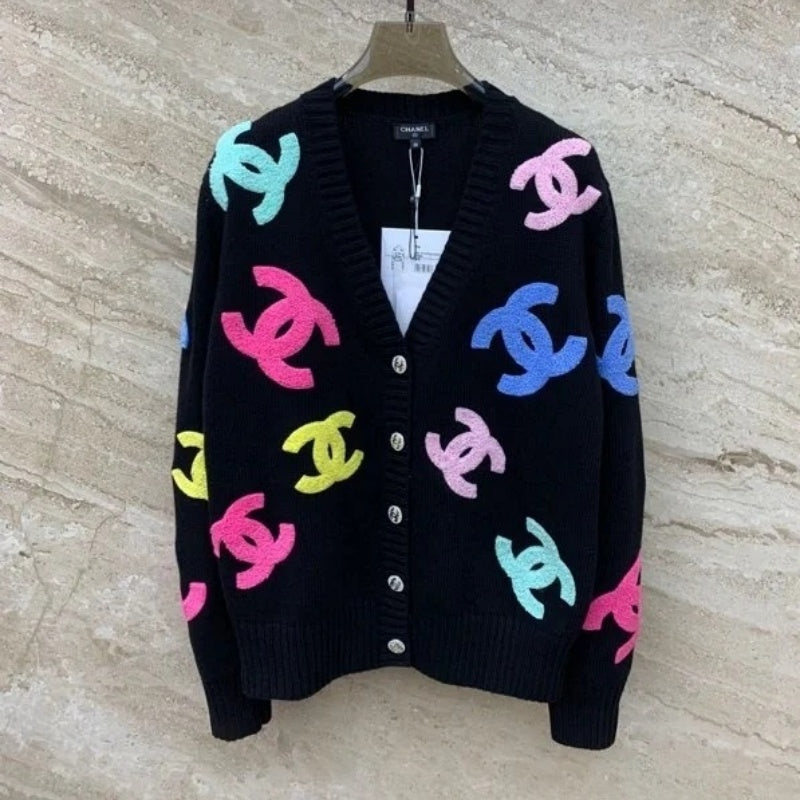 New Fashion Women's CC Color Flocking V-Neck Knit Cardigan DM1326100814