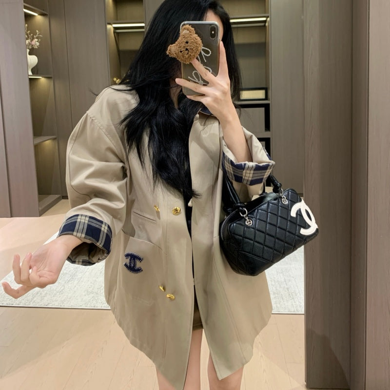 New Fashion Women's CC Plaid Cuff Loose Trench Coat DM1326100817