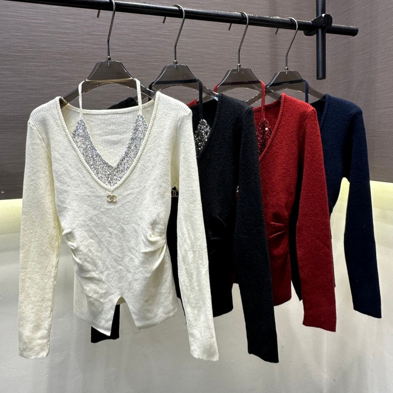 New Fashion Women's CC V Neck Halter Sequin Ruched Knit Top DM1326100823