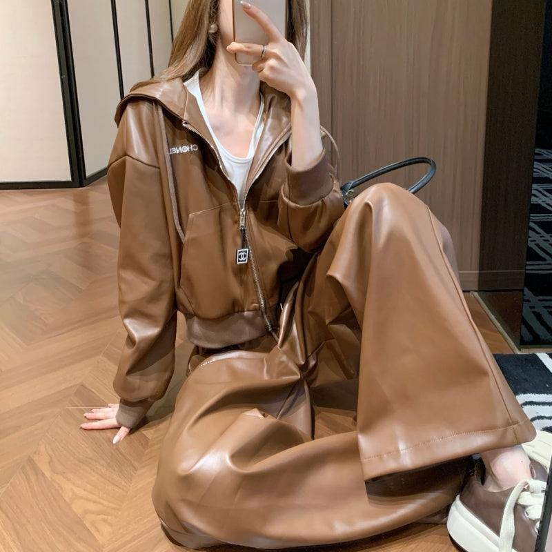 New Fashion Women's CC Hooded PU Leather 2 Piece Set DM1326100826