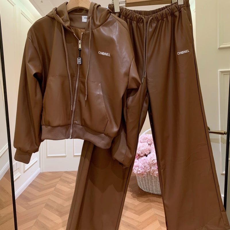 New Fashion Women's CC Hooded PU Leather 2 Piece Set DM1326100826