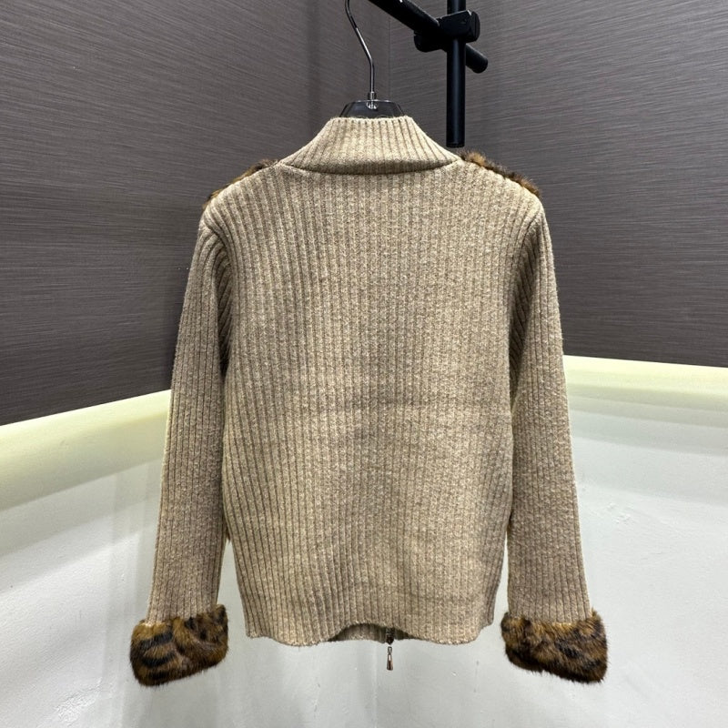 New Fashion Women's CC Leopard Faux Fur Spliced Knit Cardigan DM1326100828