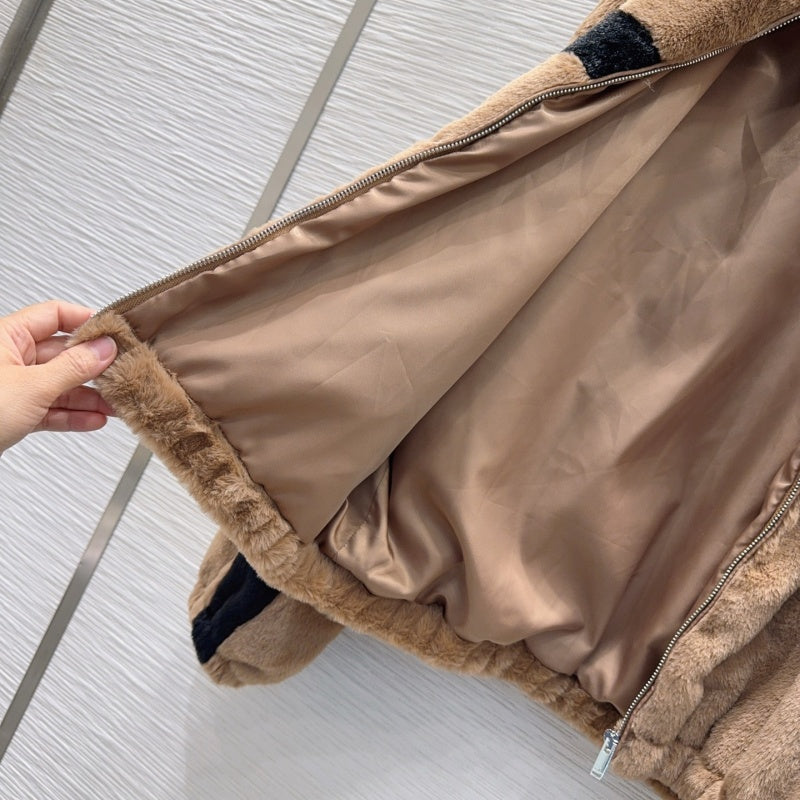 New Fashion Women's Color Block Stand Collar Faux Fur Short Jacket DM1326100832